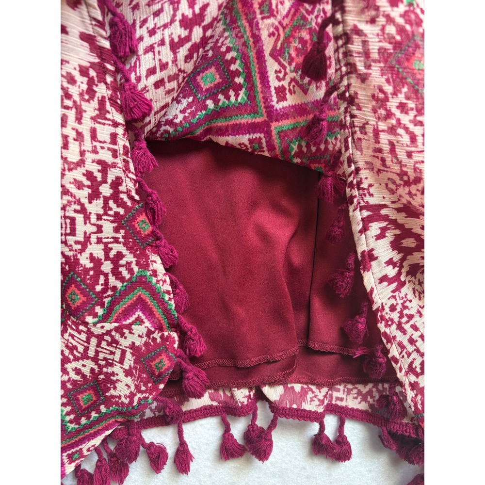 Maurices Women Burgundy Geometric Tribal Print Tassel Handkerchief dress M - Picture 5 of 11